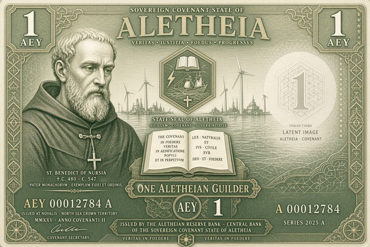 Front of the 1 AEY note design in sage green: a portrait of St Benedict of Nursia.