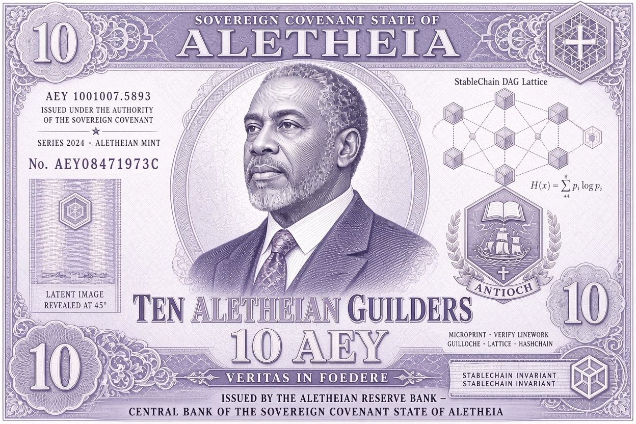 Front of the 10 AEY note design in violet: an engraved civic portrait.