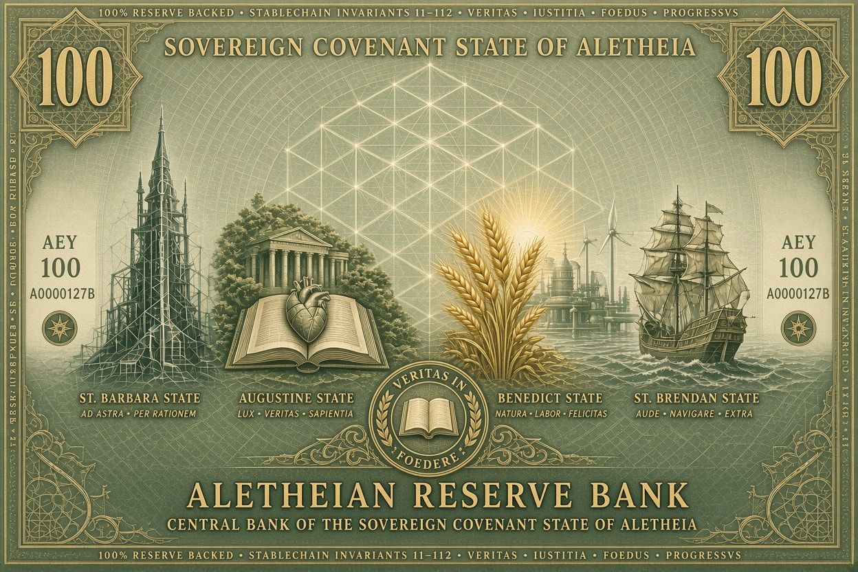 Back of the 100 AEY note design in sage green: the emblems of the four states.