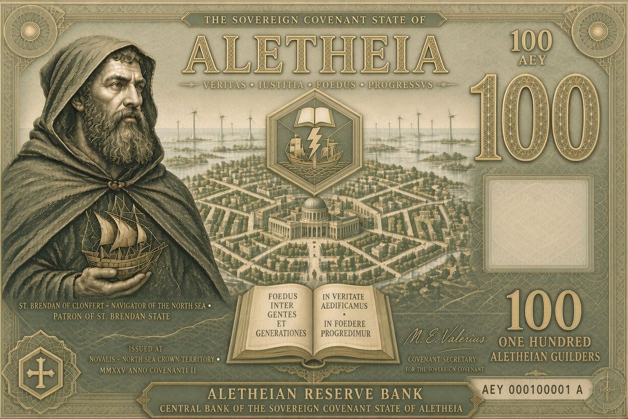 Front of the 100 AEY note design in sage green: a portrait of St Brendan of Clonfert.