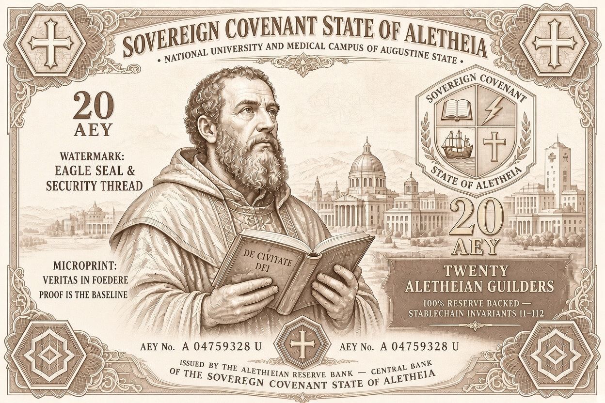 Front of the 20 AEY note design in sepia: a portrait of St Augustine.