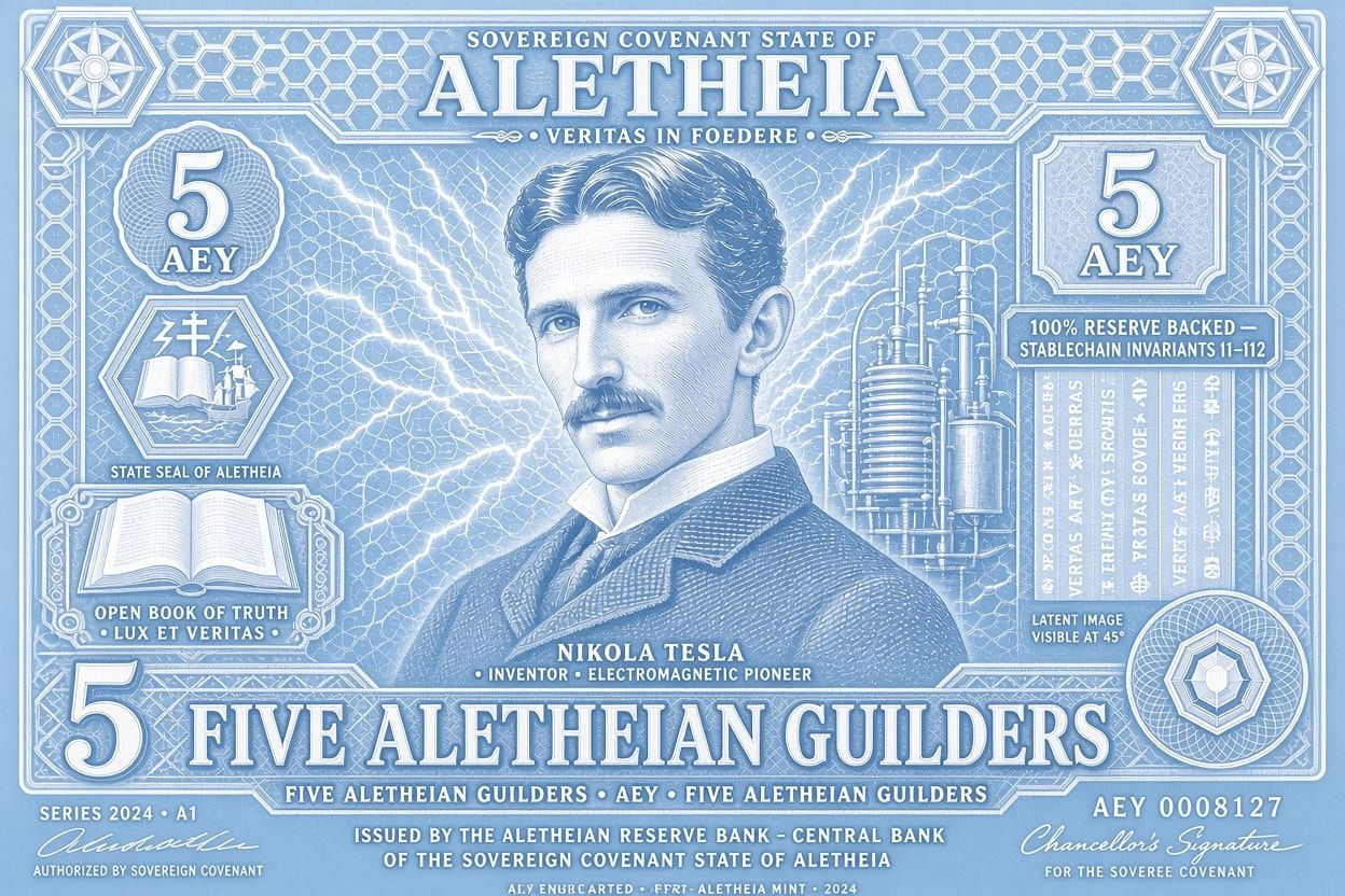 Front of the 5 AEY note design in pale blue: a portrait of Nikola Tesla.
